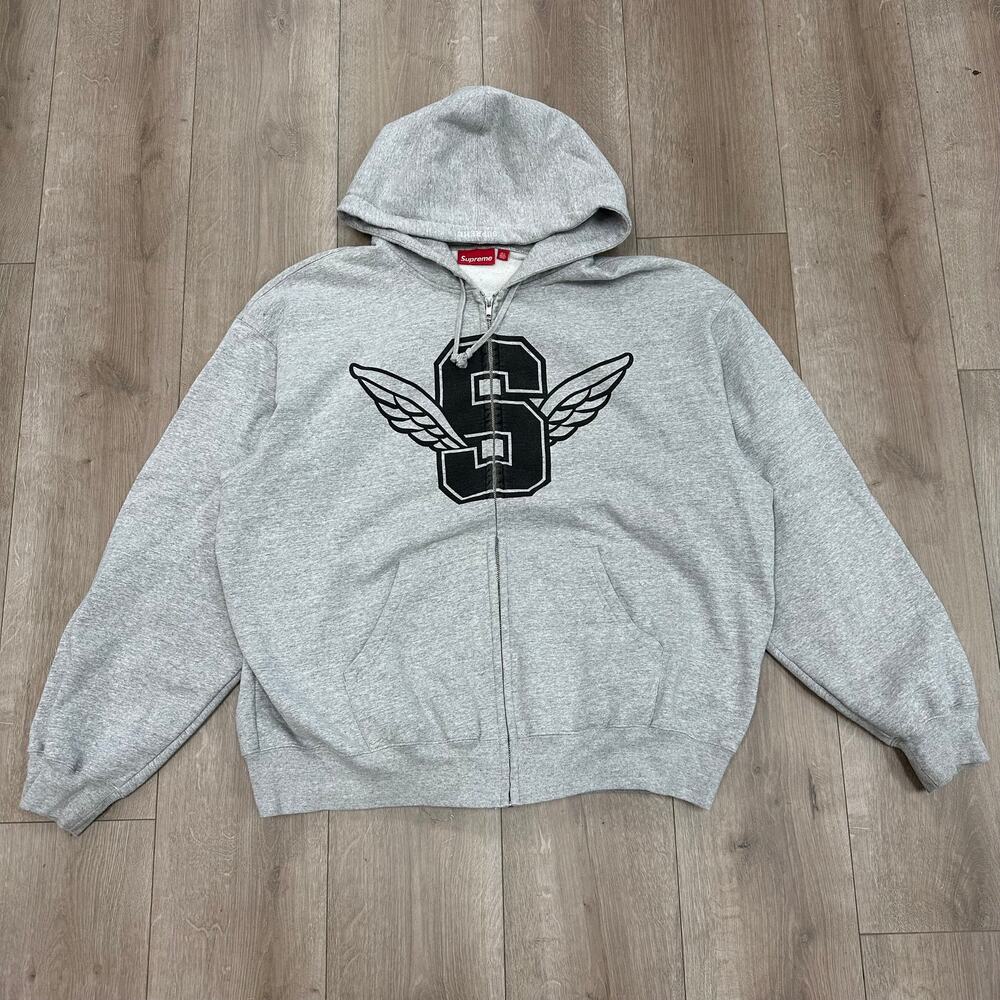 SS25 Supreme Wings Zip Up Hoodie Zip Up Sweater Heather Grey size XXL 2XL B23